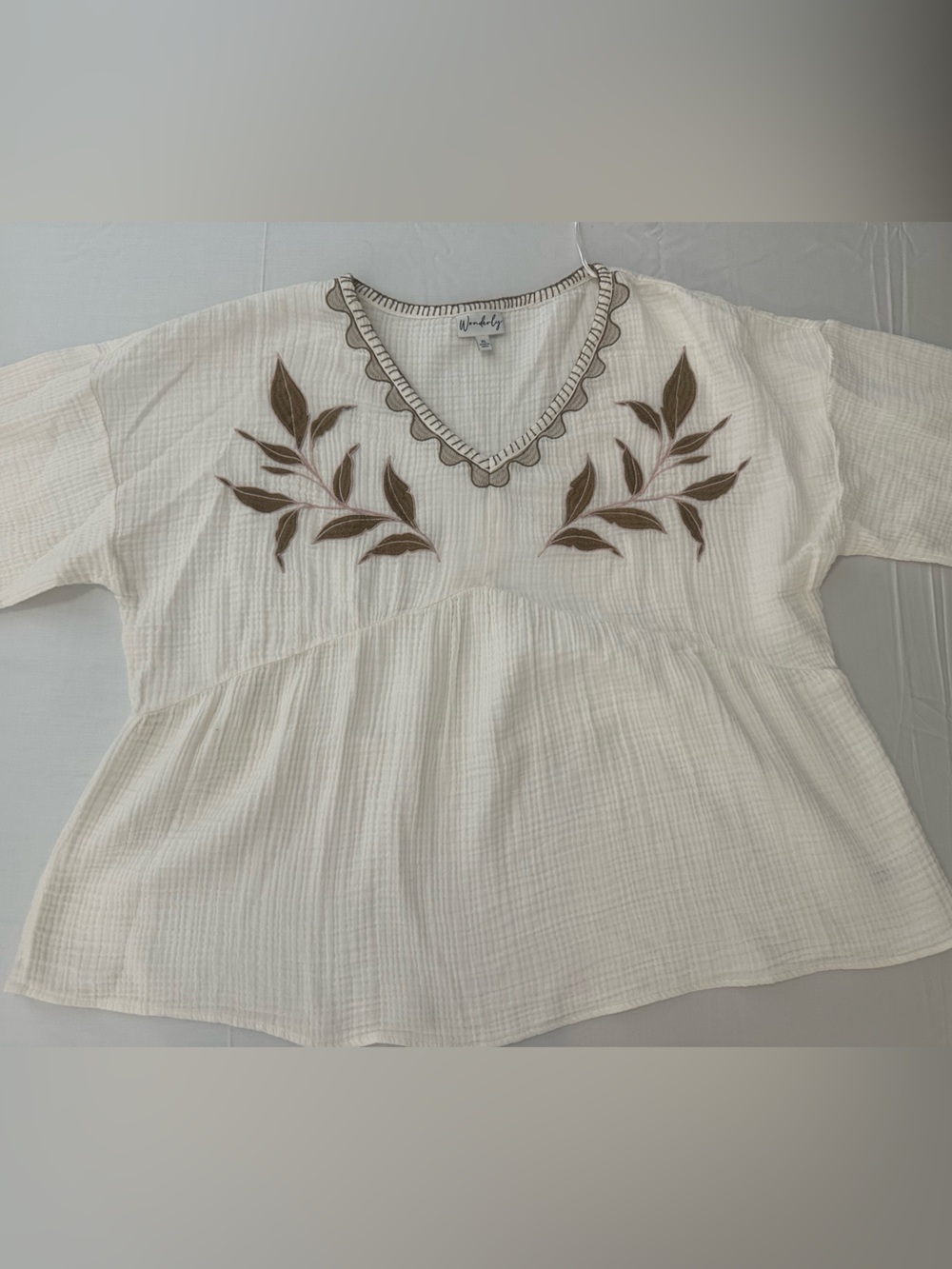Embroidered Cream V-Neck Peasant Top